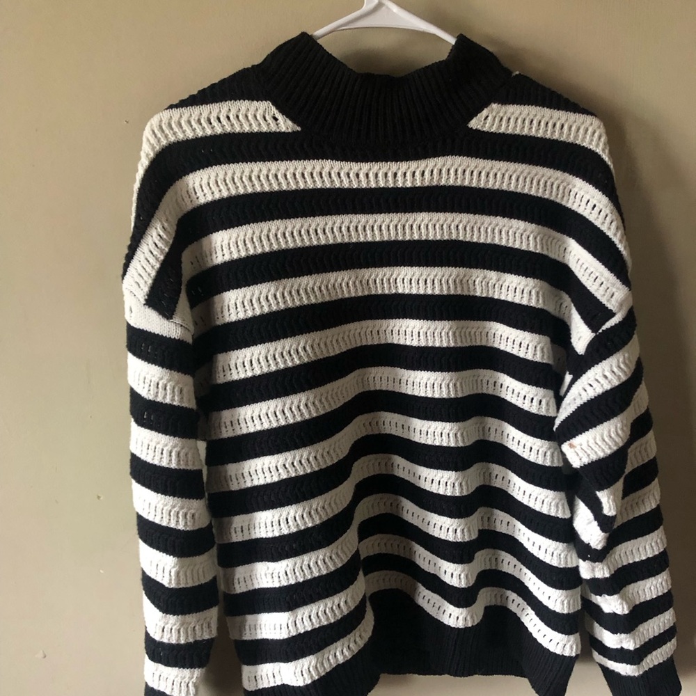 Black and White Cowl Neck Sweater with Striking Stripes